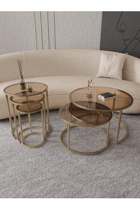 Dekoport Milas Gold (ESKİTME) Orta Ve Zigon Sehpa Seti - Bronz Cam
