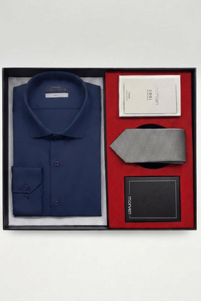 Morven Lacivert Erkek Stil Slim Fit Hediye Kutulu Gömlek, Kravat, Parfüm Ve C...