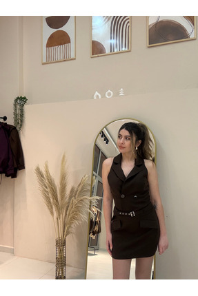 Sude Ay Ceket Yakalı Kolsuz Mini Elbise