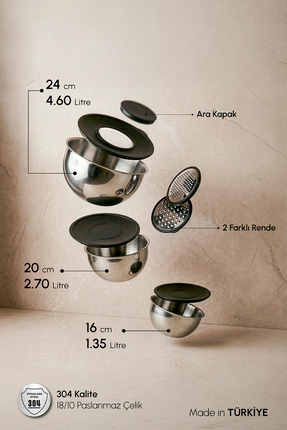 Perotti MixMate 9 Parça Rendeli Paslanmaz Çelik Karıştırma ve Saklama Kabı Se...