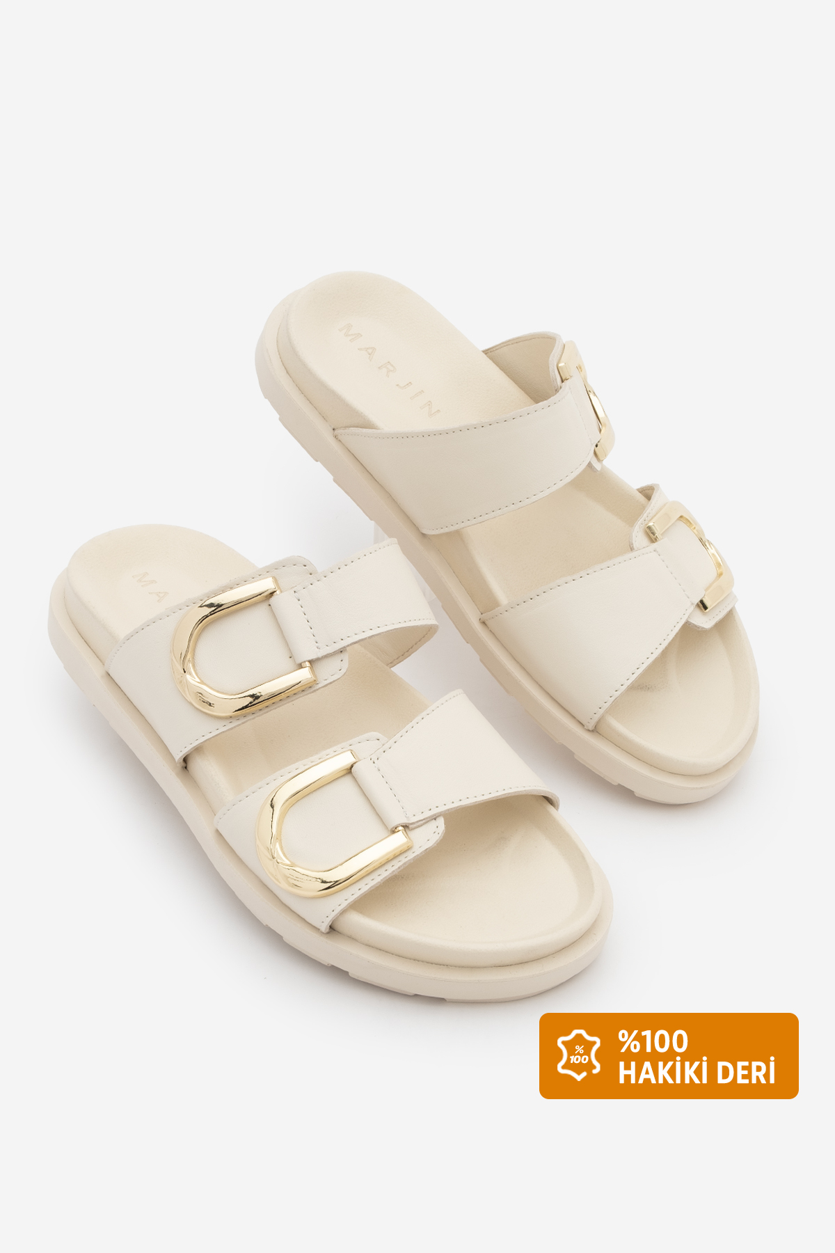 Women's Genuine Leather Gold Buckle Detailed Thick Sole Casual Slippers Merpe Ecru