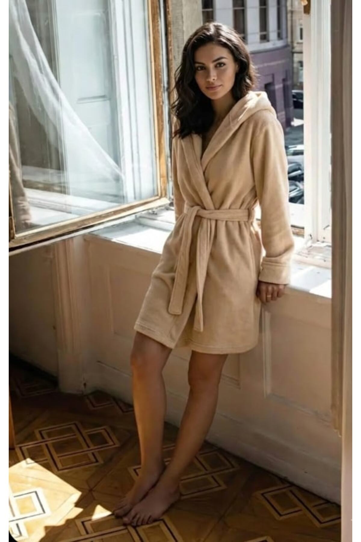 Women's Hooded Soft Velvet Textured Beige Robe