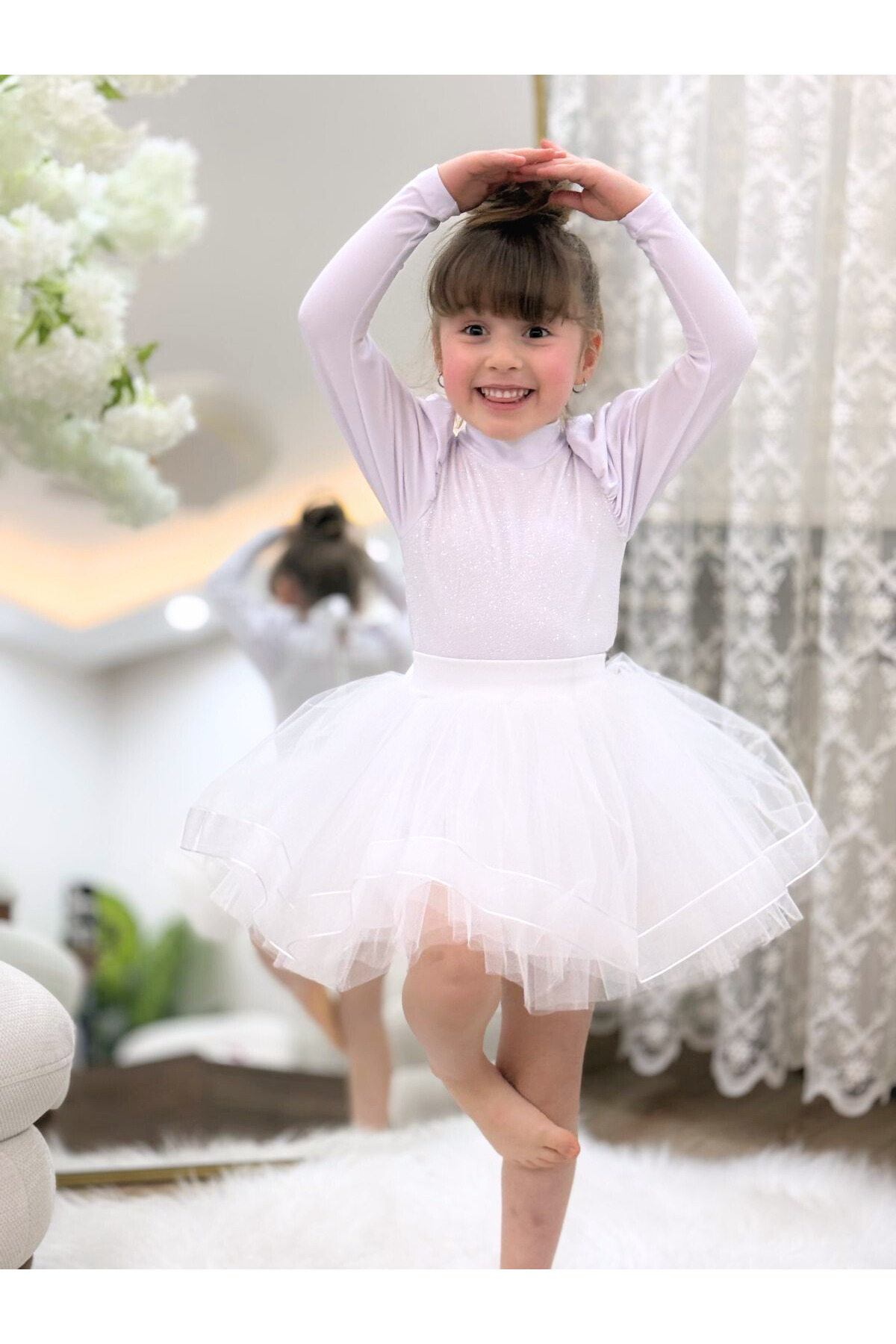 LULLY KİDS  Kız Çocuk 29 Ekim/23 Nisan Gösteri Kullanımına Uygun Tül/Tütü 4 Katlı Astarlı Beyaz Kostüm Etek - Görsel 5