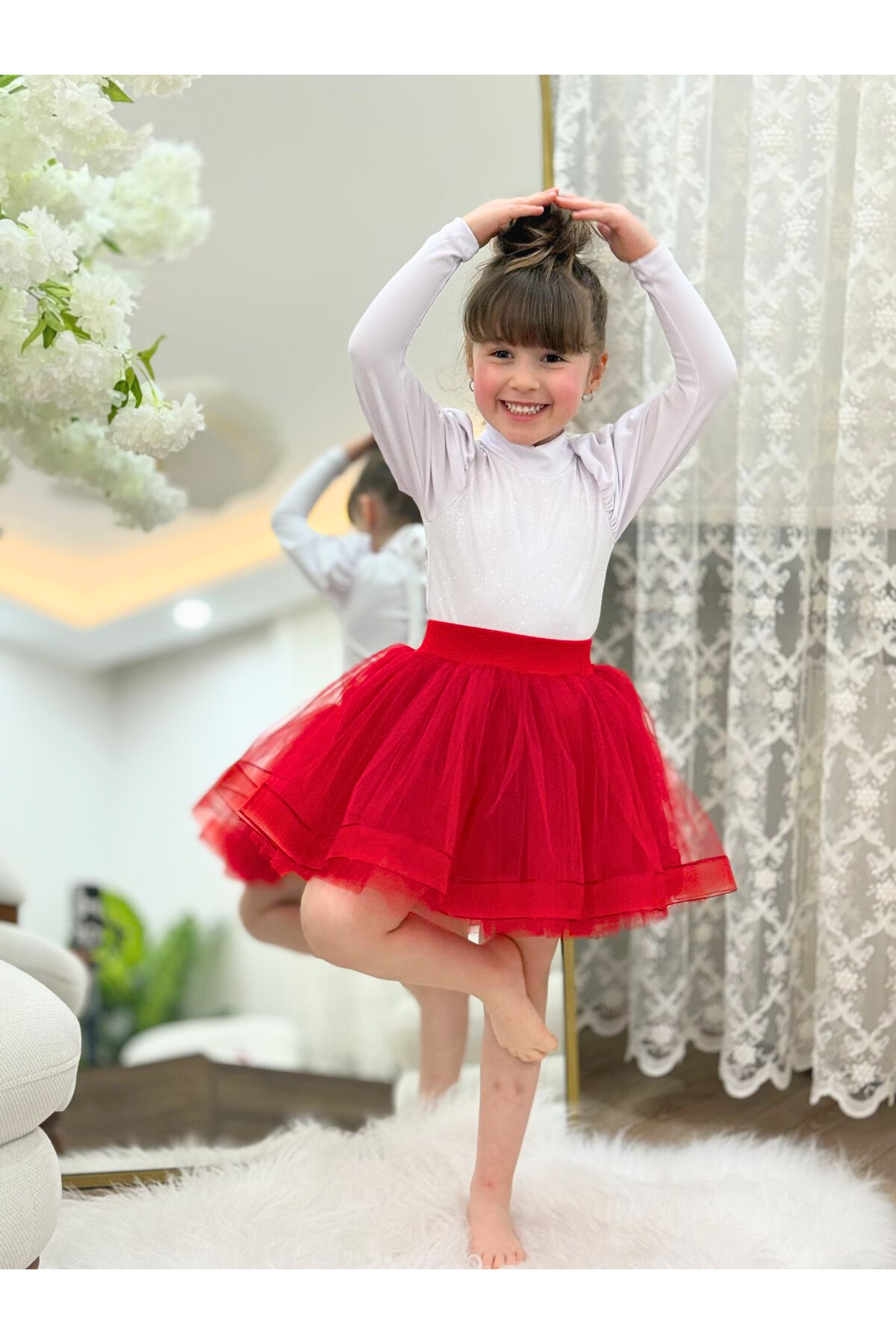 LULLY KİDS  Kız Çocuk 29 Ekim/23 Nisan Gösteri Kullanımına Uygun Tül/Tütü 4 Katlı Astarlı Kırmızı Kostüm Etek - Görsel 5