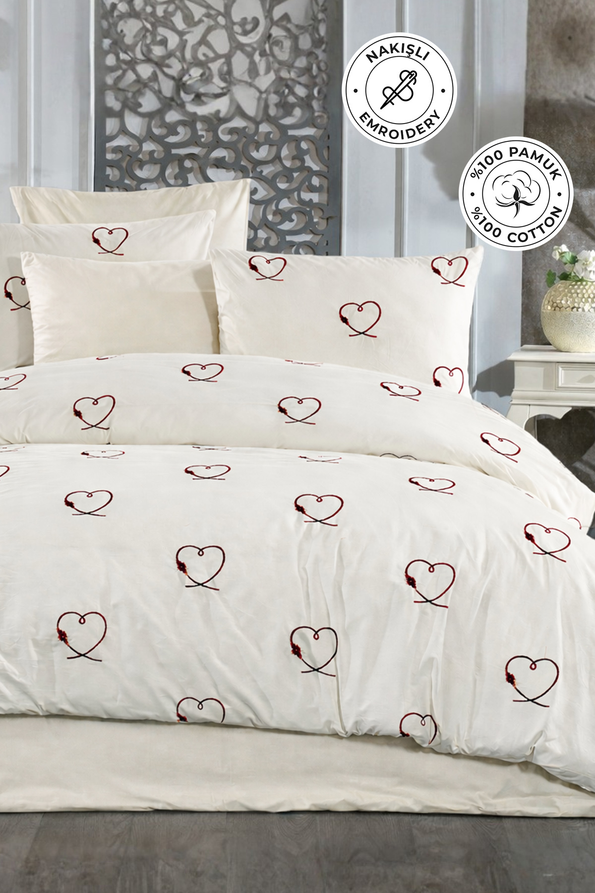 Heart Embroidered 100% Cotton Akfil Luxury Quality Duvet Cover Set Double 6-Piece Dowry Cream Burgundy