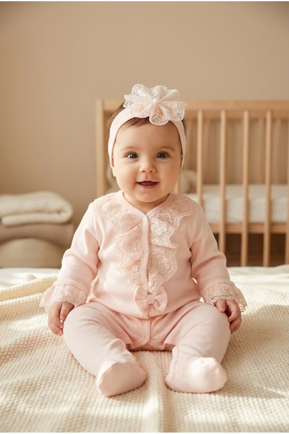 MİNİBORN Baby Salmon Newborn Lace Piped Jumpsuit