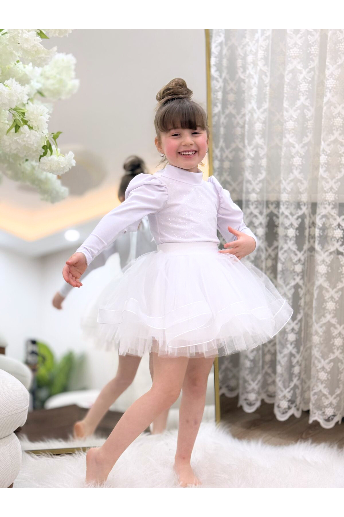 LULLY KİDS  Kız Çocuk 29 Ekim/23 Nisan Gösteri Kullanımına Uygun Tül/Tütü 4 Katlı Astarlı Beyaz Kostüm Etek - Görsel 7