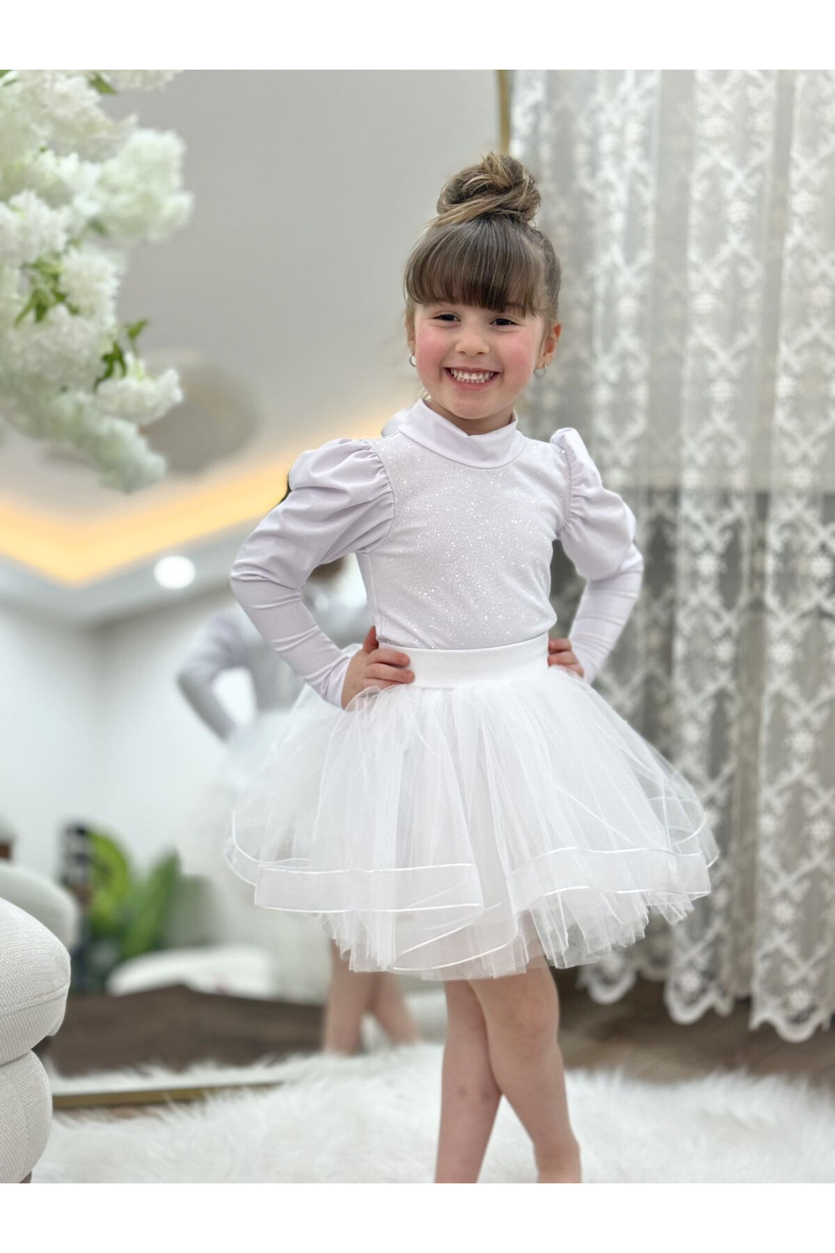 LULLY KİDS  Kız Çocuk 29 Ekim/23 Nisan Gösteri Kullanımına Uygun Tül/Tütü 4 Katlı Astarlı Beyaz Kostüm Etek - Görsel 4