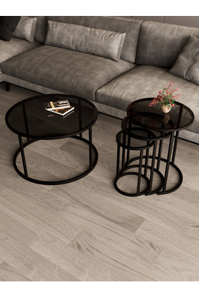 Dekoport Royal 75cm Orta Ve Zigon Sehpa Seti Metal Ayak - Temperli Füme Cam