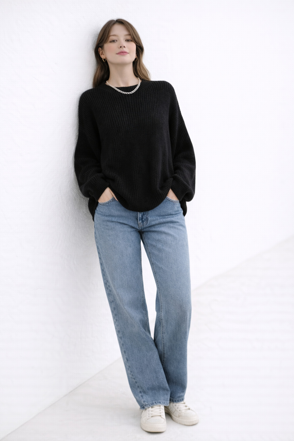 Kırlangıç Moda  Siyah Oversize Bisiklet Yaka Kadın Triko Kazak - Görsel 4