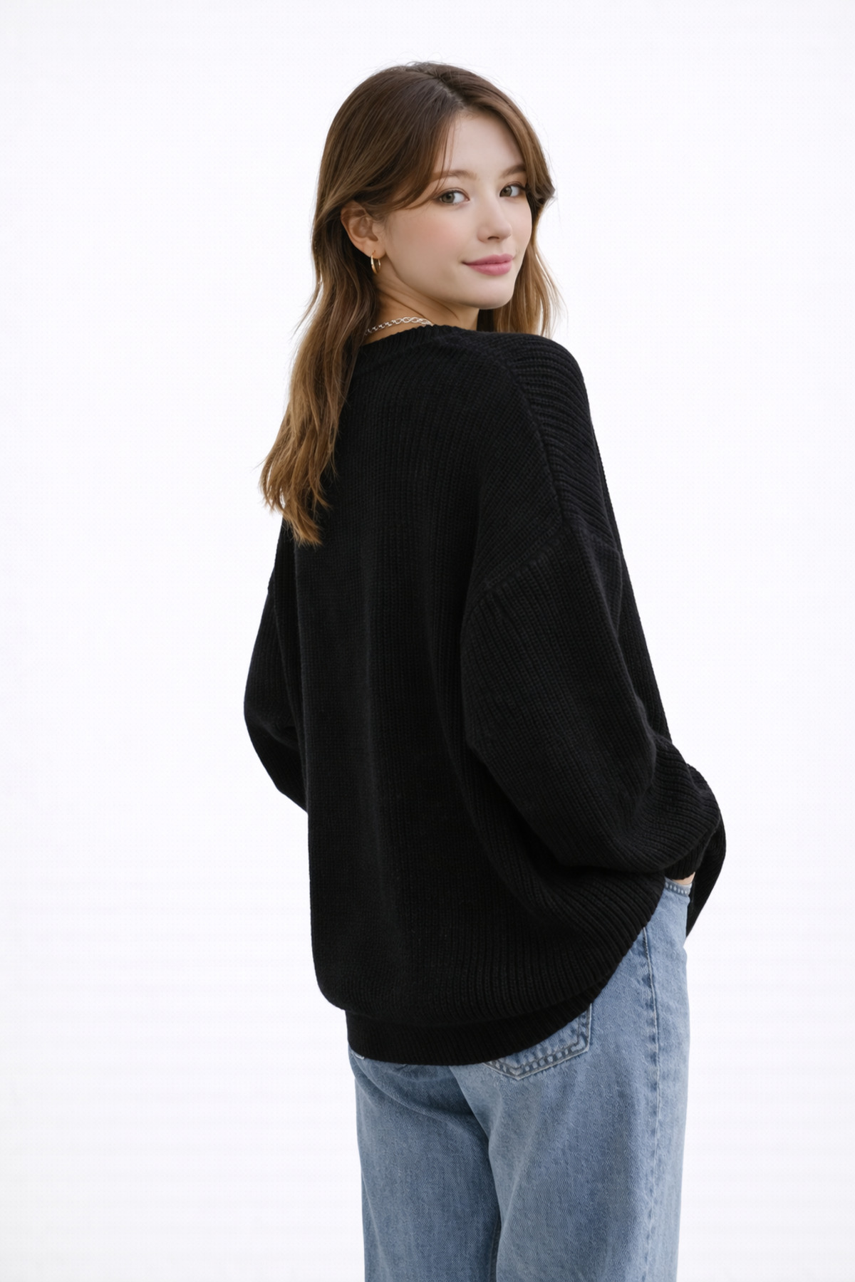 Kırlangıç Moda  Siyah Oversize Bisiklet Yaka Kadın Triko Kazak - Görsel 3