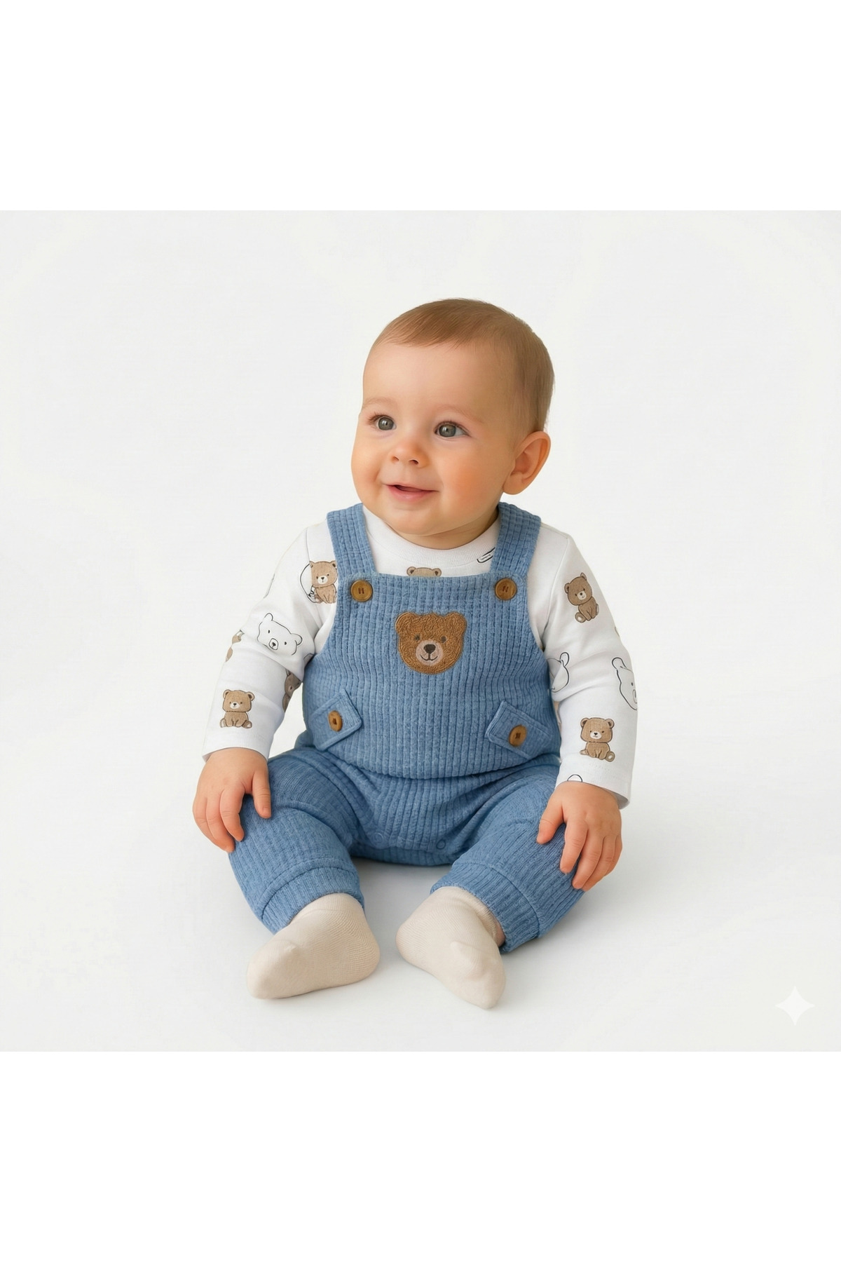 MYZİ STORE Bebek Erkek 3'lü Tulum Takımı - Ayıcık Desenli Badi Ayı Nakışlı Mavi Salopet Ve Çorap Seti Pamuklu fotoğrafı 5 (önizleme)