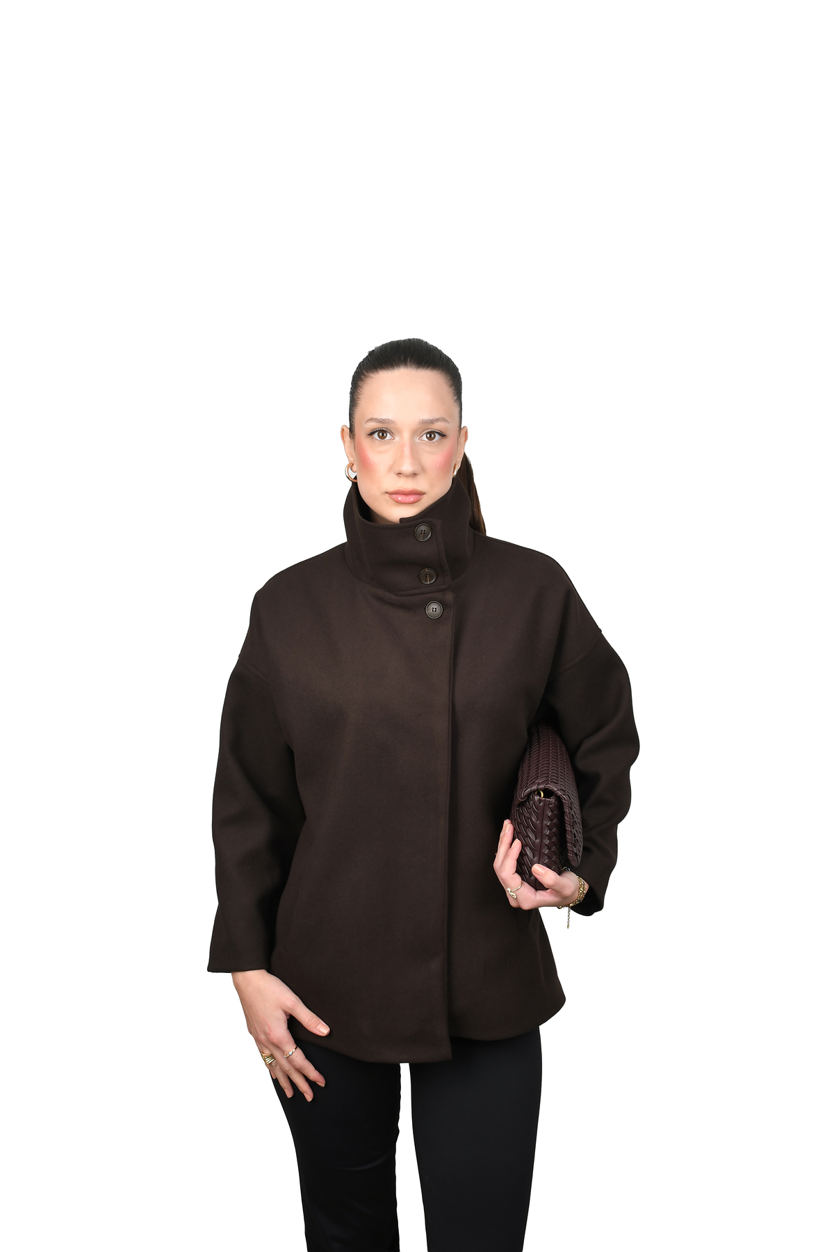 COJIKO  OVERSIZE Kadın Dik Yaka Düğmeli Kısa Kaban - Görsel 4