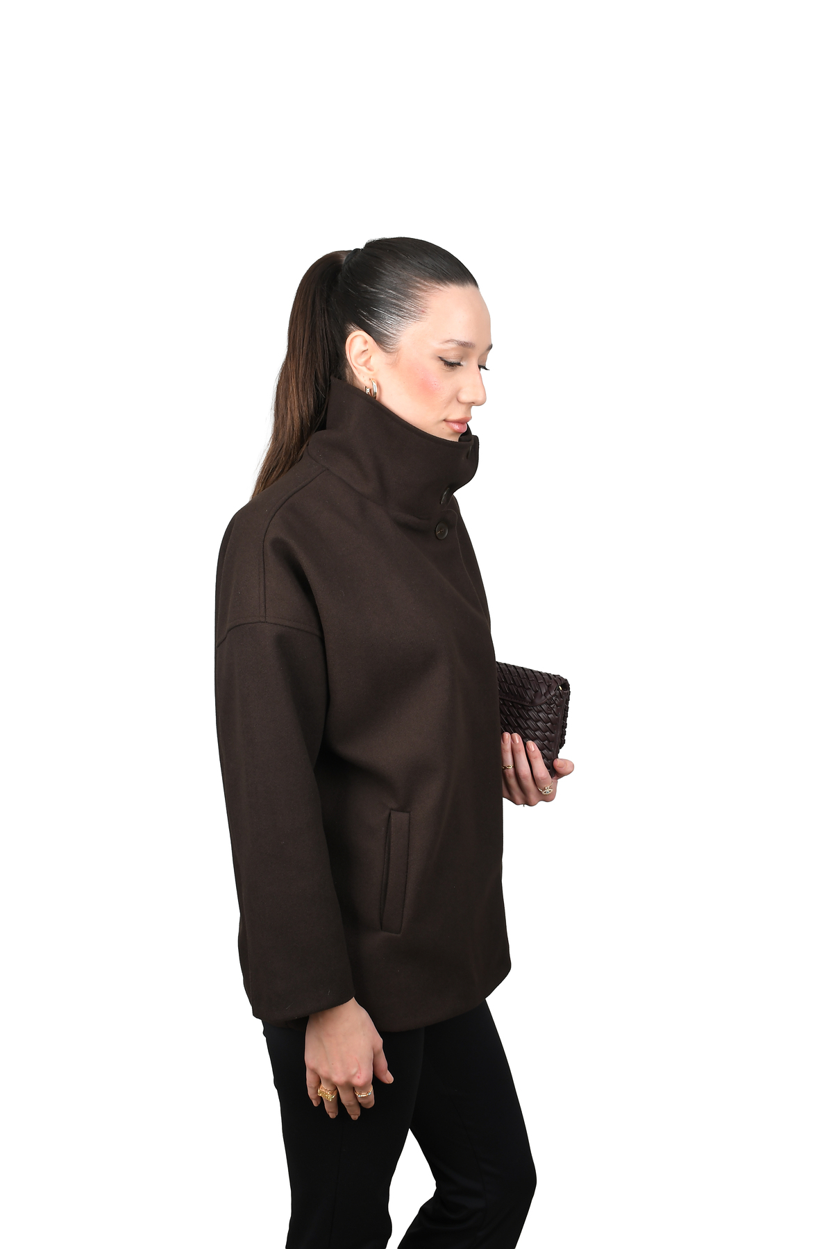 COJIKO  OVERSIZE Kadın Dik Yaka Düğmeli Kısa Kaban - Görsel 7