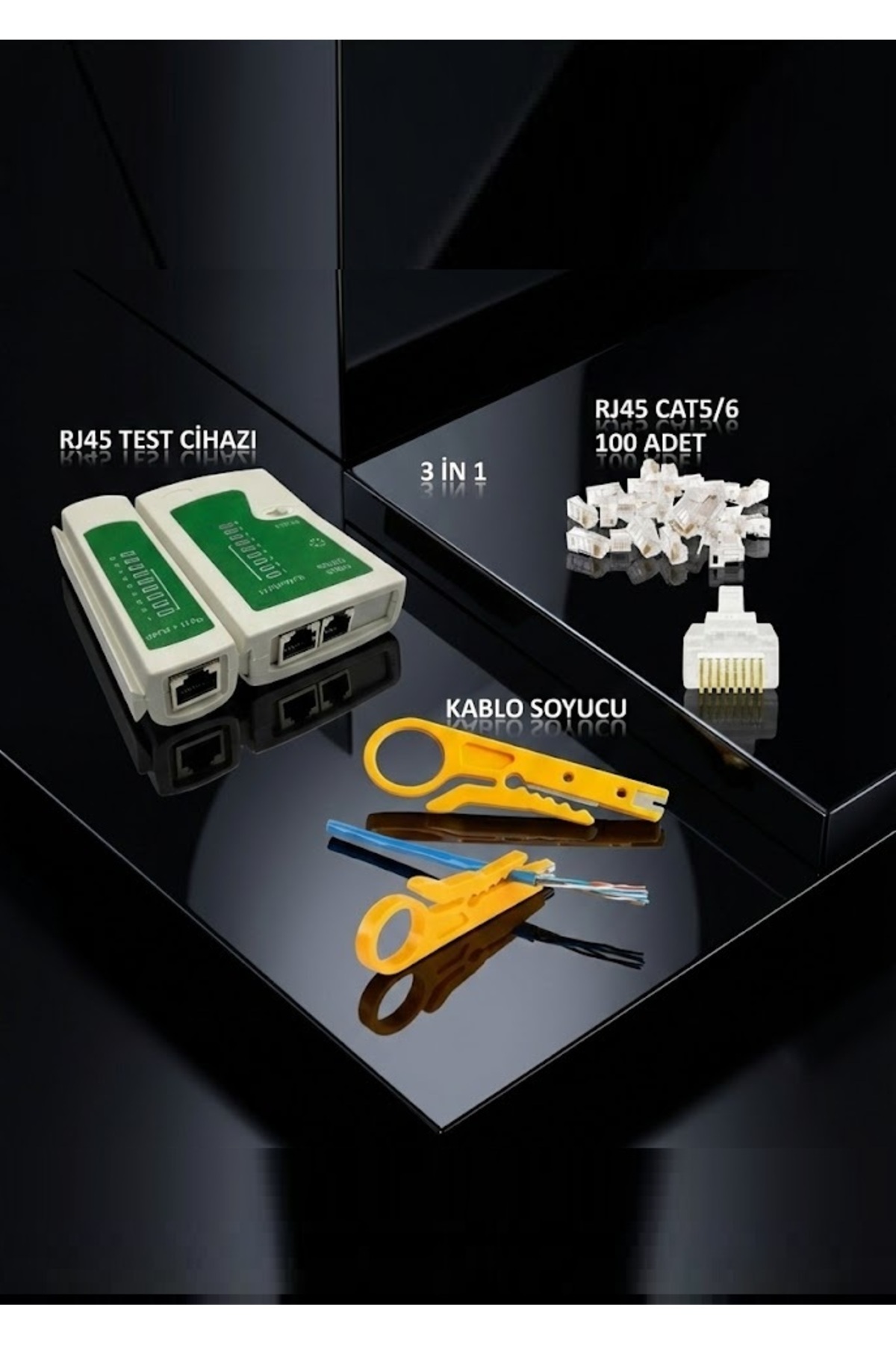 Network Test Cihazı Rj11 Rj45 + Kablo Soyucu + 100 ADET RJ45 CAT5/6E 3 in 1 Set