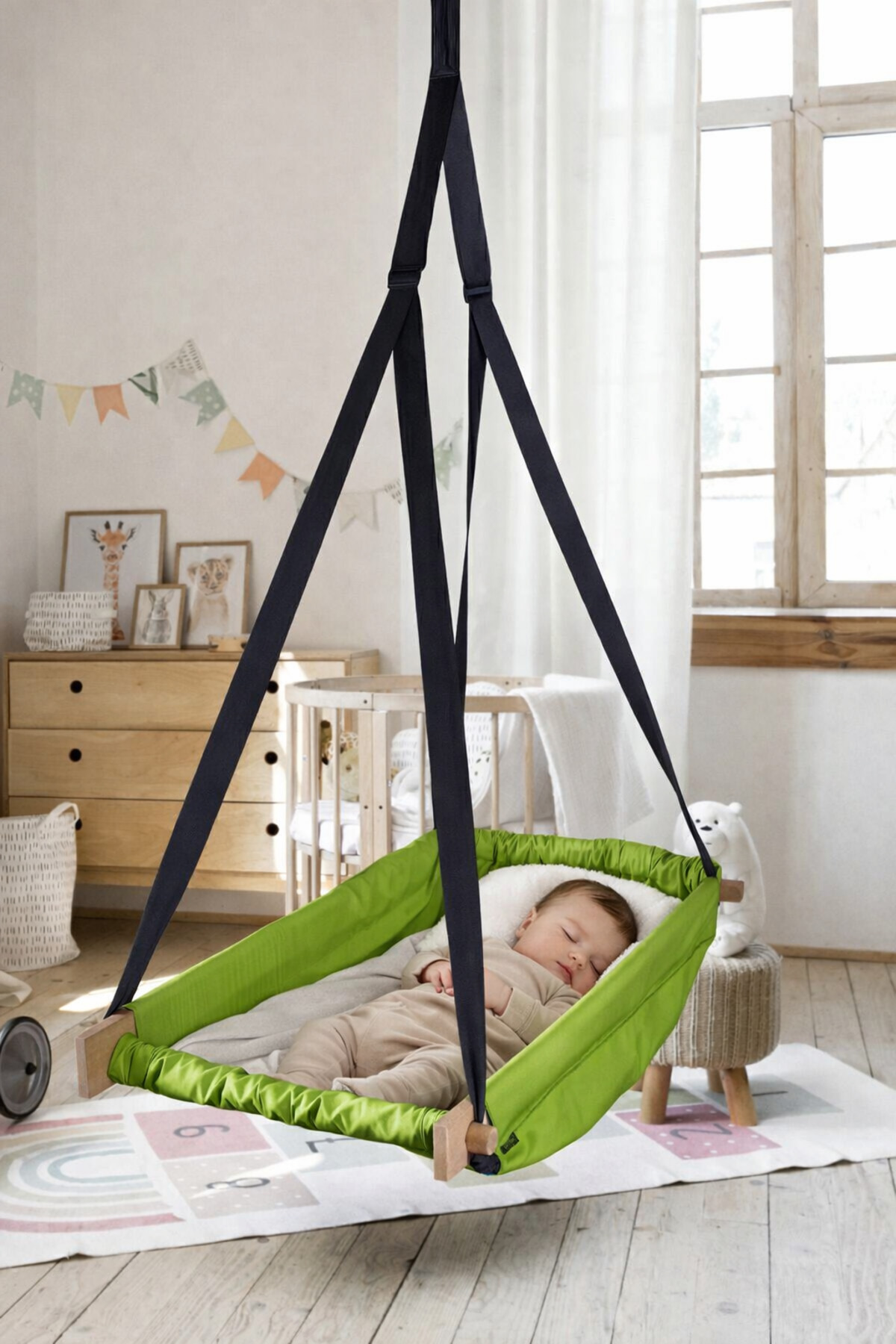 Flow Green Wooden Spring Hopping Hammock Crib Hoppa Hammock Hanging on the Ceiling Swing Baby Bed