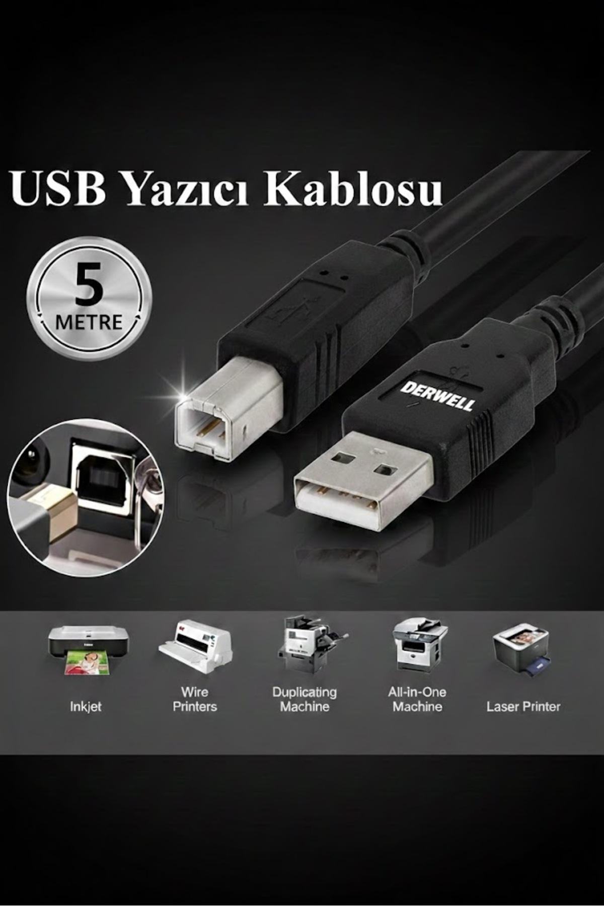 5 Metre 5mt Usb Yazıcı Kablosu Samsung Hp Canon Brother Lexmark Uyumlu Universal Printer Kablo Cable