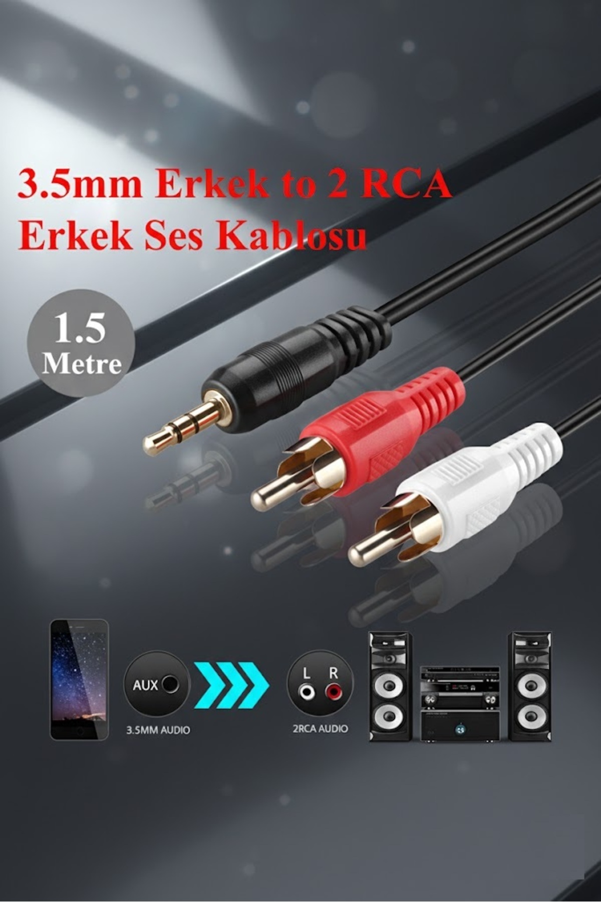 1.5 Metre 1.5mt Stereo To Rca Kablo 2+1 5+1 Bilgisayar Pc Ses Kablosu 3.5 Mm Jak Renkli Kablo