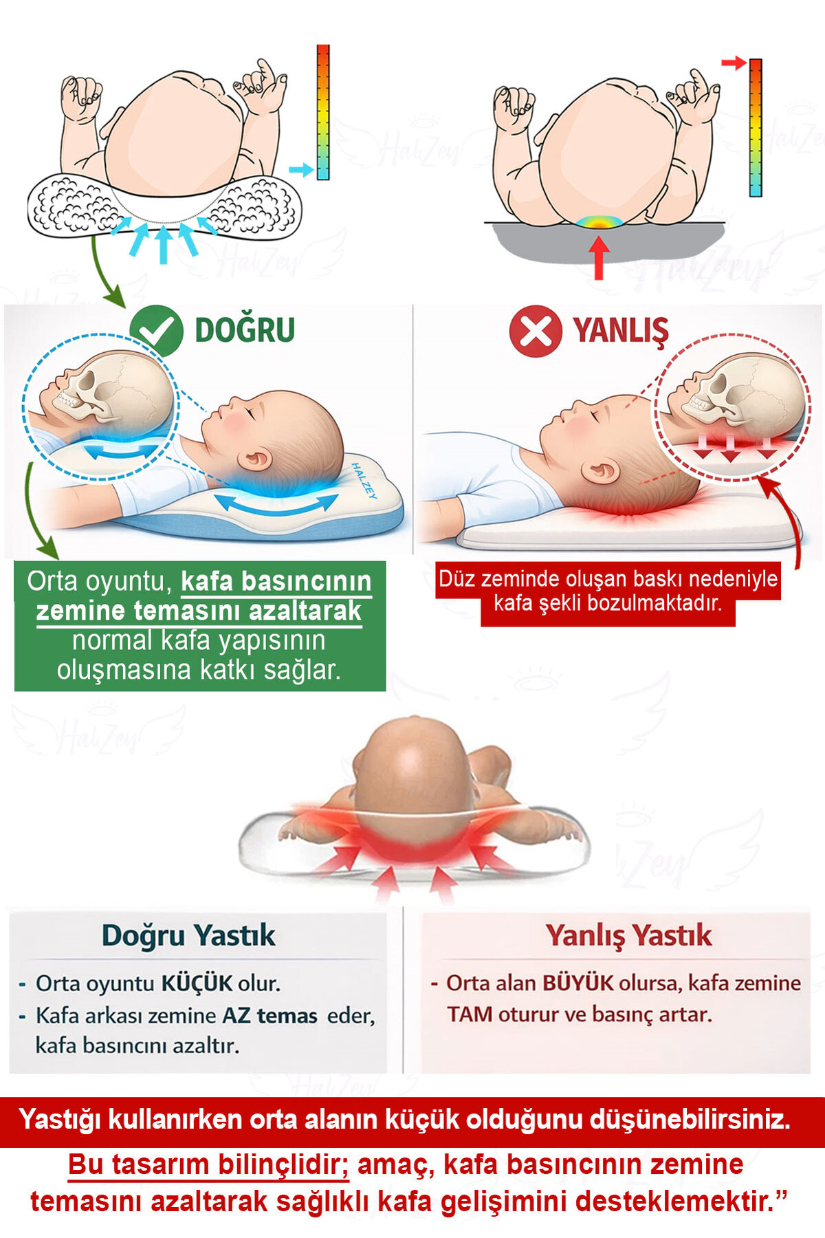 HALZEY Düz Kafa Yastığı & Bebek Yastığı %100 Pamuk, Terletmez, Gri Kalp Desenli fotoğrafı 2 (önizleme)