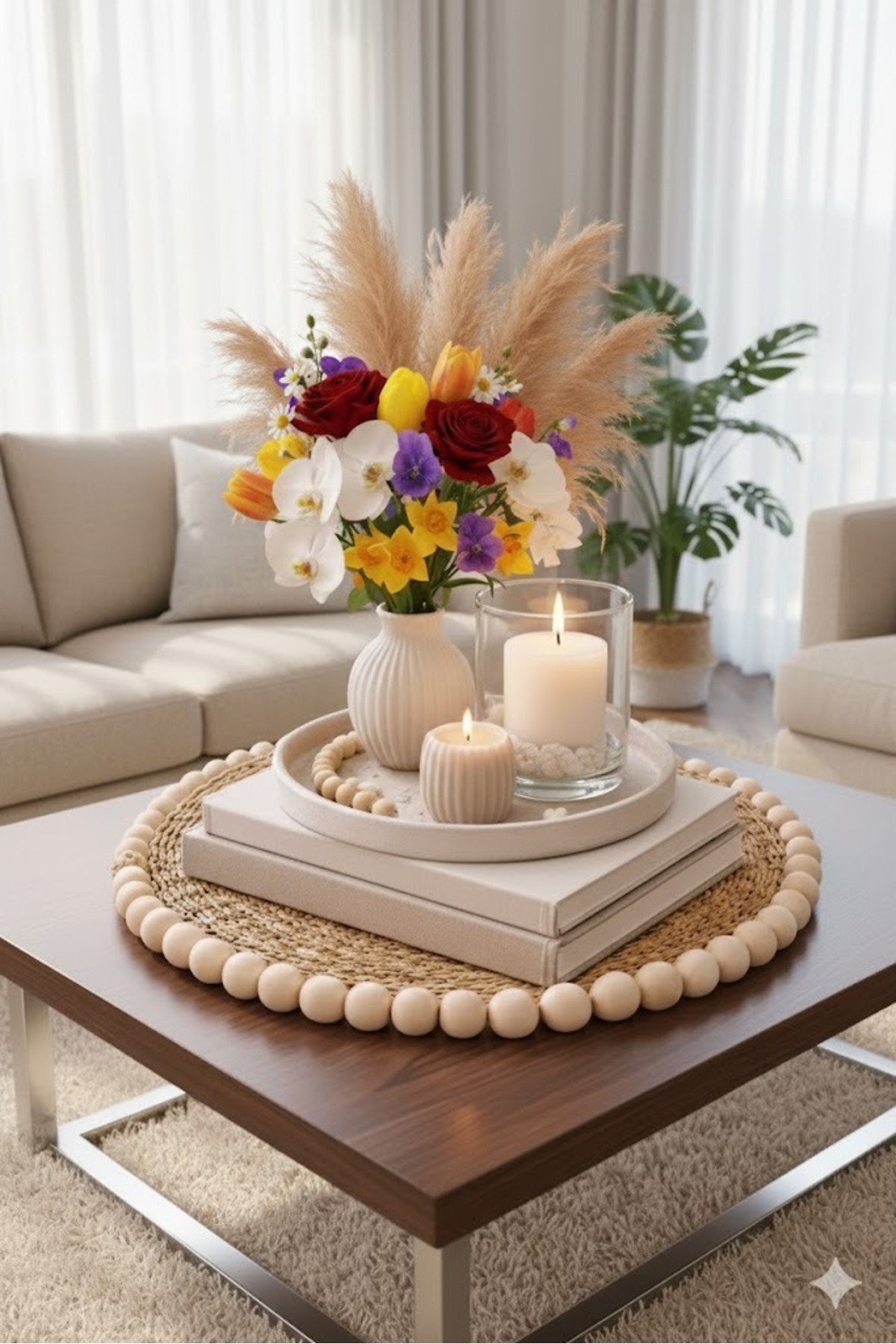 طاولة قهوة وديكور منزلي من الخيزران المزخرف بالخرز...