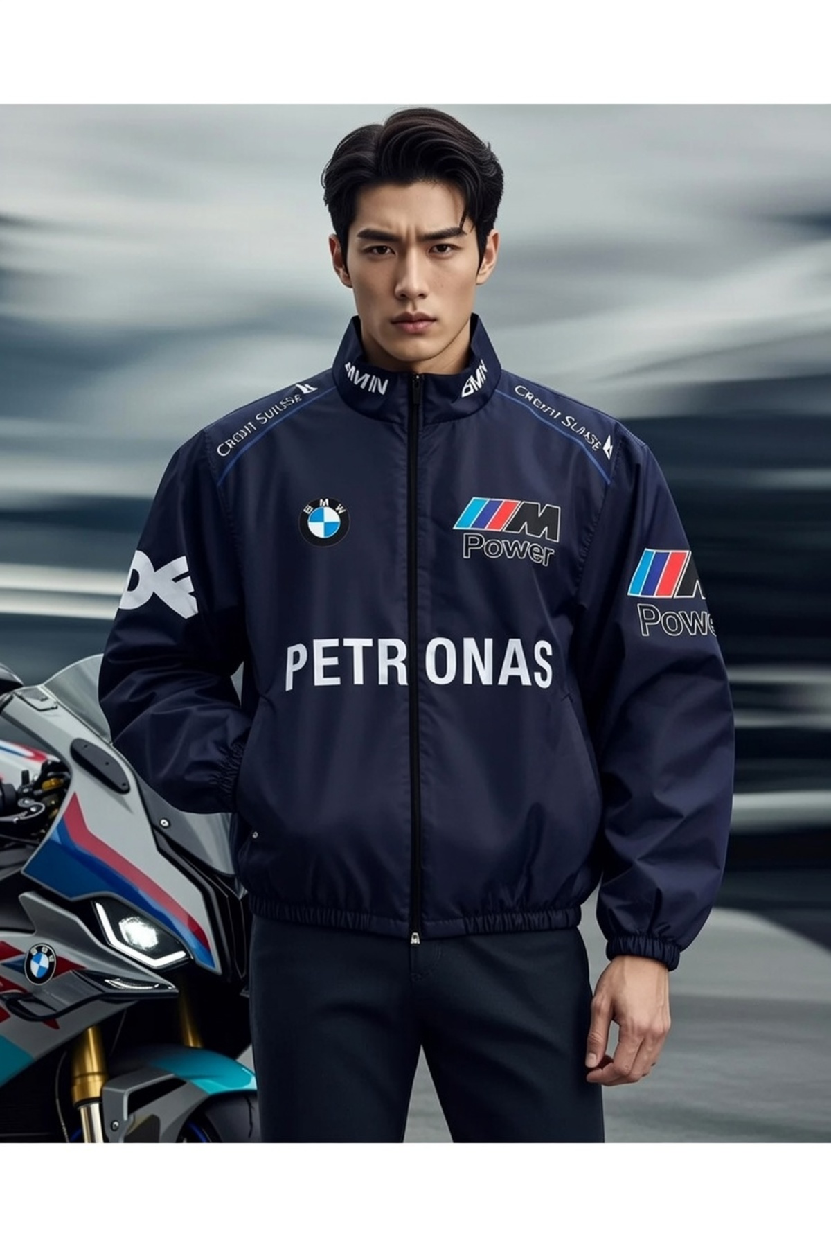 BMW //M Retro Unisex Paraşüt Kumaş Oversize Dijital Baskılı Lacivert Rüzgarlık Yağmurluk İnce Ceket — سرمهای LSHN2BMW1