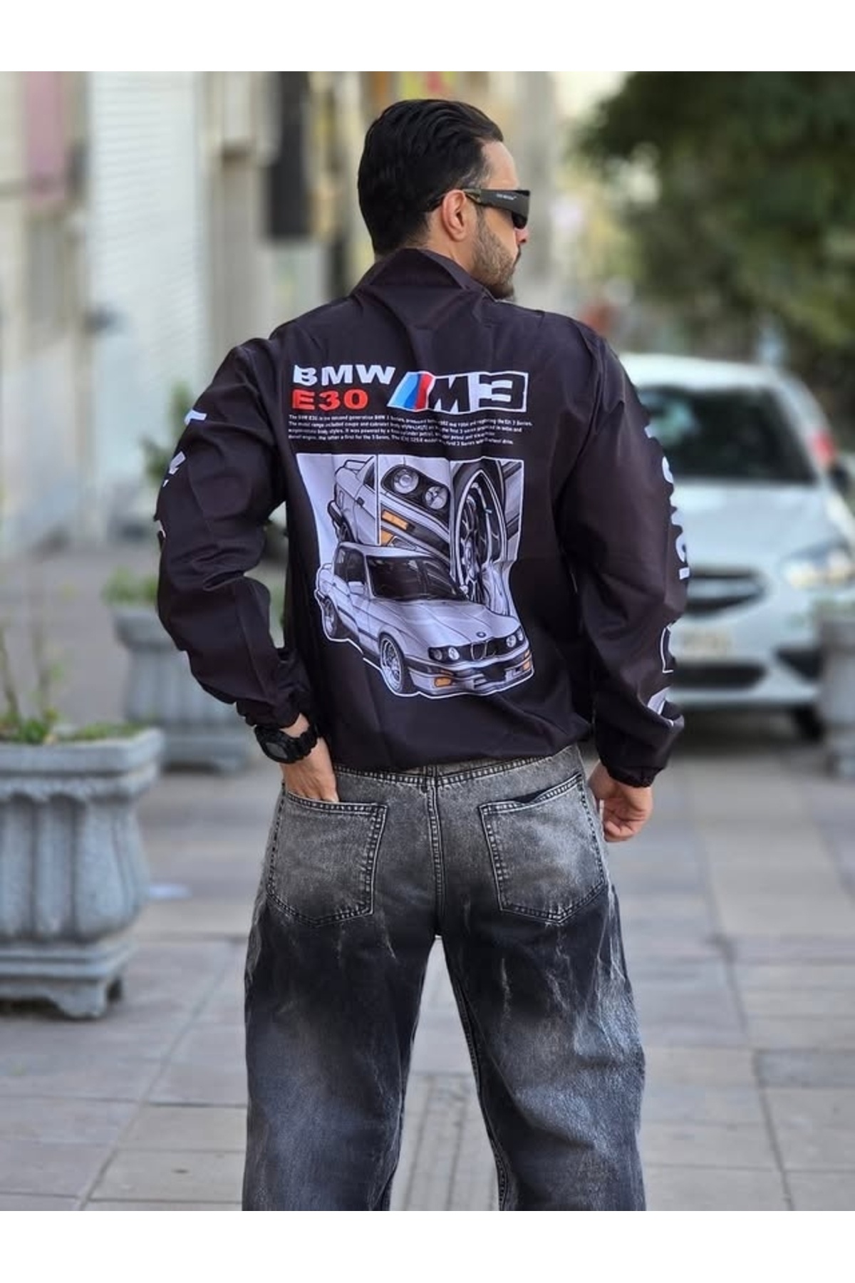 BMW //M Retro Unisex Paraşüt Kumaş Oversize Dijital Baskılı Siyah Rüzgarlık Yağmurluk İnce Ceket — سرمه‌ای LSHN2BMW1 — تصویر 6 از 6