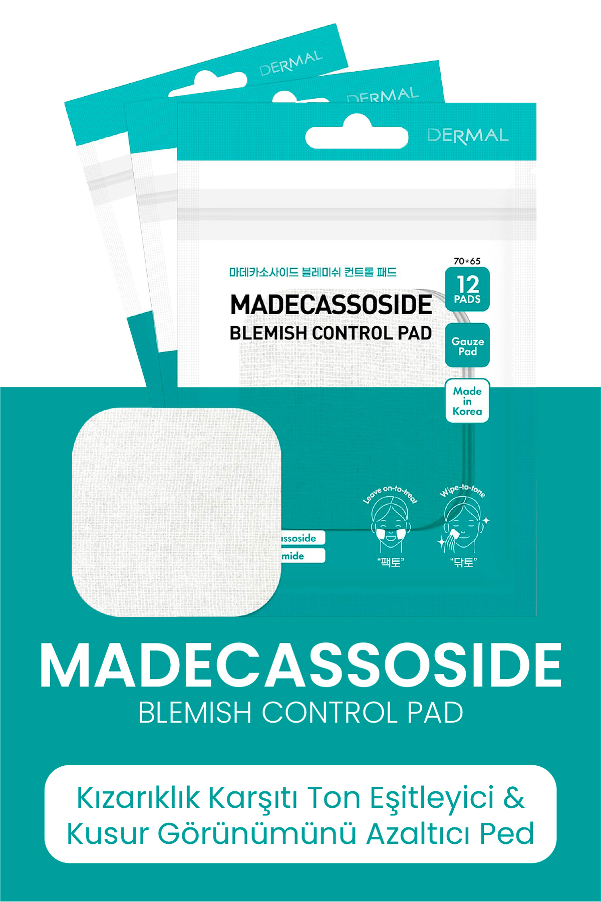 Dermal Madecassoside Yatıştırıcı Leke Kontrol Tonik Pedi 12 Adet Cilt Bakım ve Ton Eşitleyici Yüz Pedi — DERMAL/PAD/011