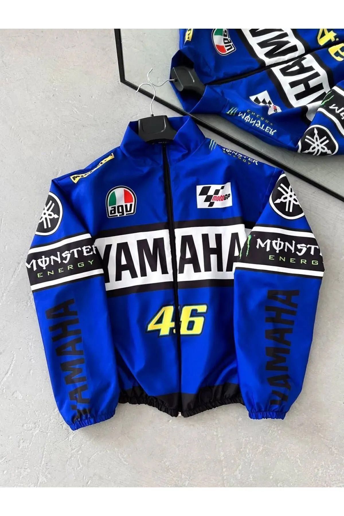 memetti m şekil Mavi Yamaha Unisex Paraşüt Kumaş Oversize Dijital Baskılı Rüzgarlık Yağmurluk İnce Ceket görsel 2