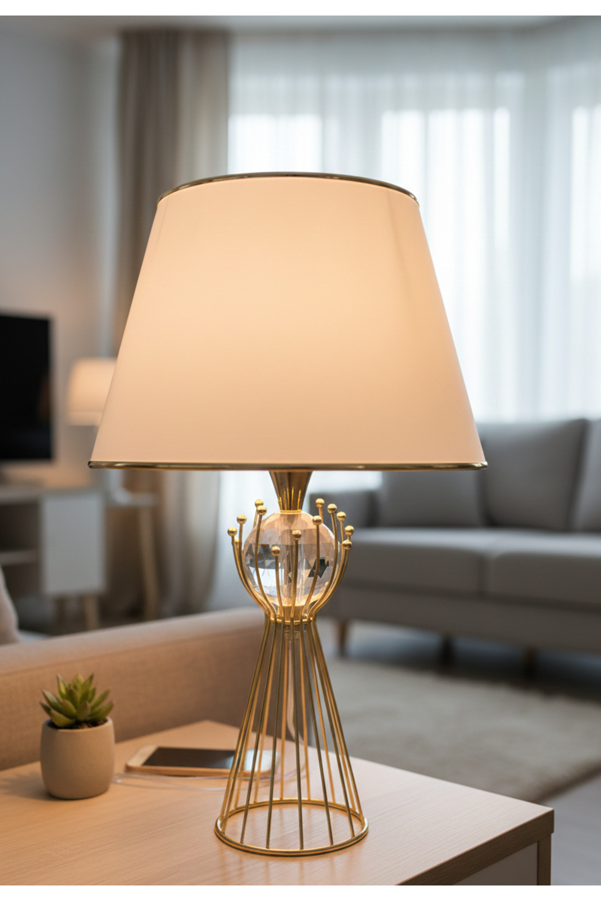 Gold Sude Model Bulk Tapered Stone Metal Leg Fabric Lampshade Table Lamp with Gold Stripe Hat