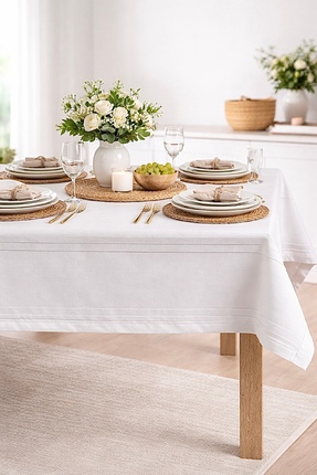 Gülce Home Collection Krem Keten Kumaş Çizgili Masa Örtüsü Gülce 160*220 cm