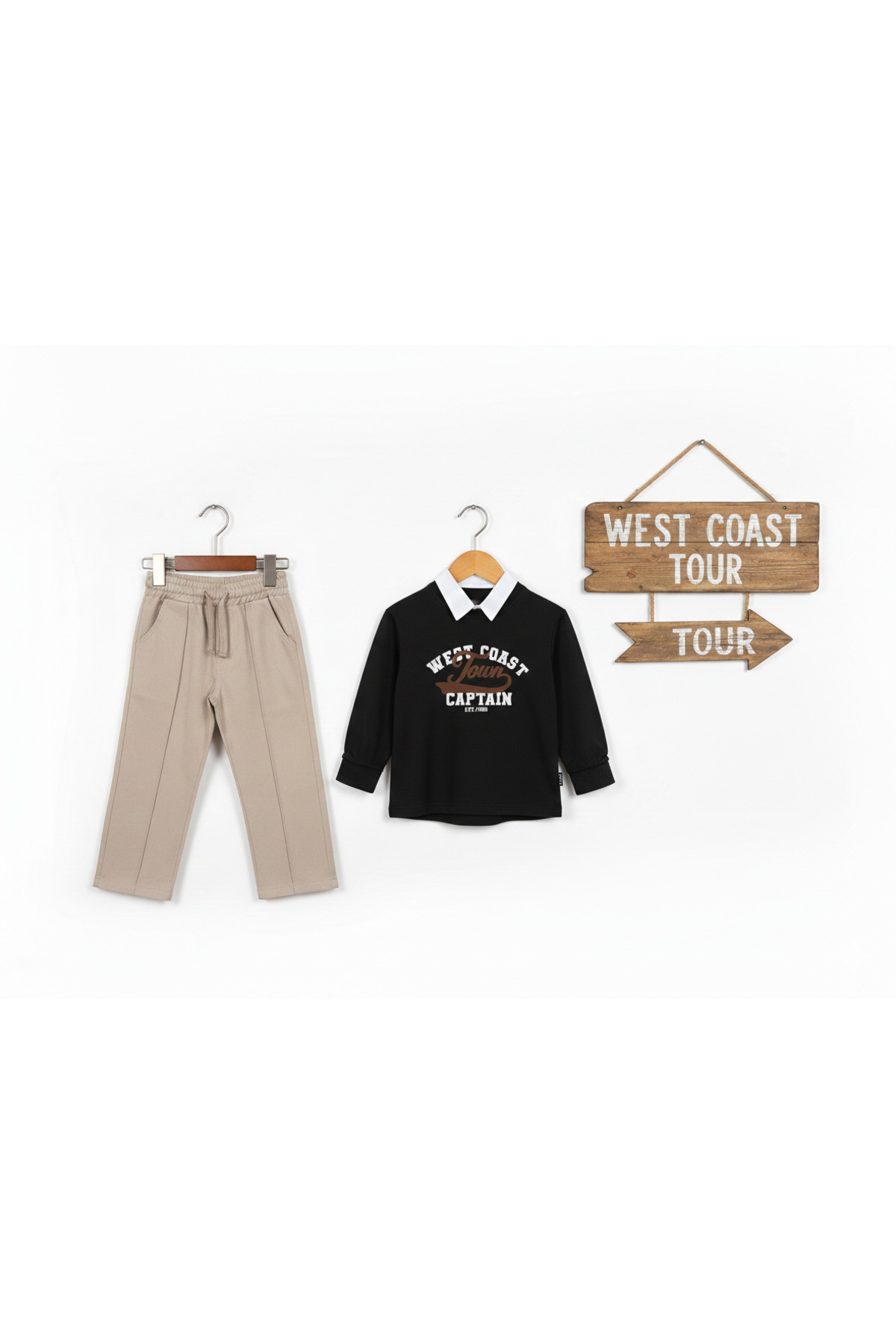 tinytrends Erkek Bebek&Çocuk West Coast Tour 3'lü Takım Sweatshirt Gömlek Pantolon Bayramlık fotoğrafı 3 (önizleme)