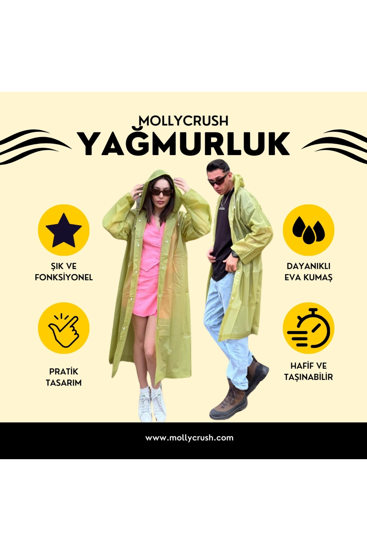Unisex Su Rüzgar Geçirmez Katlanabilir Kapüşonlu Çıtçıt Düğmeli Eva Sarı Yağmurluk — زرد mollyyağmurluk — تصویر 6 از 7