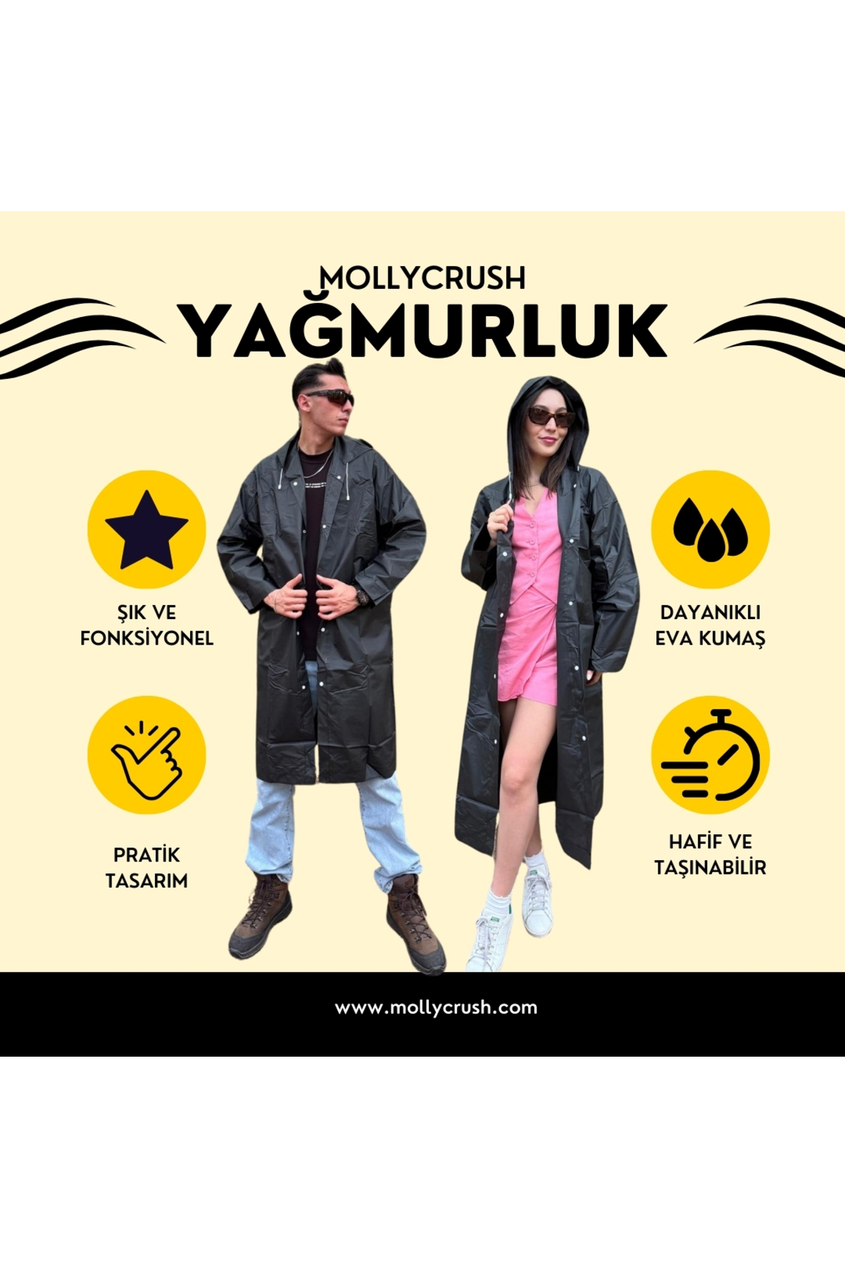 Unisex Su Rüzgar Geçirmez Katlanabilir Kapüşonlu Çıtçıt Düğmeli Eva Siyah Yağmurluk — مشکی mollyyağmurluk — تصویر 8 از 8