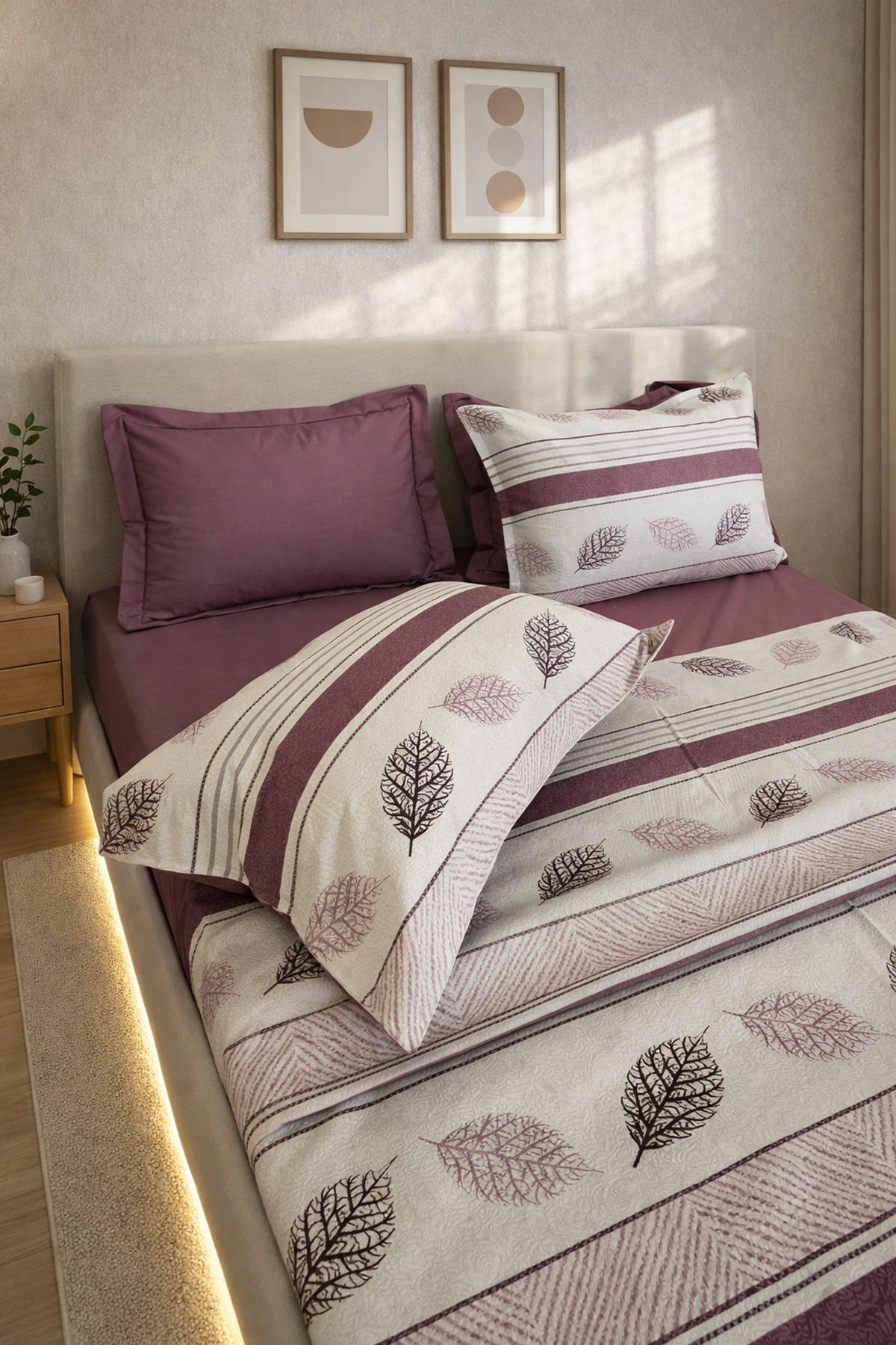 miar home perde tekstil %100 Pamuk Pike Takımı 6 Parça Lastikli Çarşaflı Mor Desenli Çift Kişilik