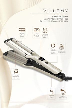 VILLEMY 16 mm Seramik Kaplamalı Wag Saç Maşası – 3 Ayarlı Profesyonel Dalga -...