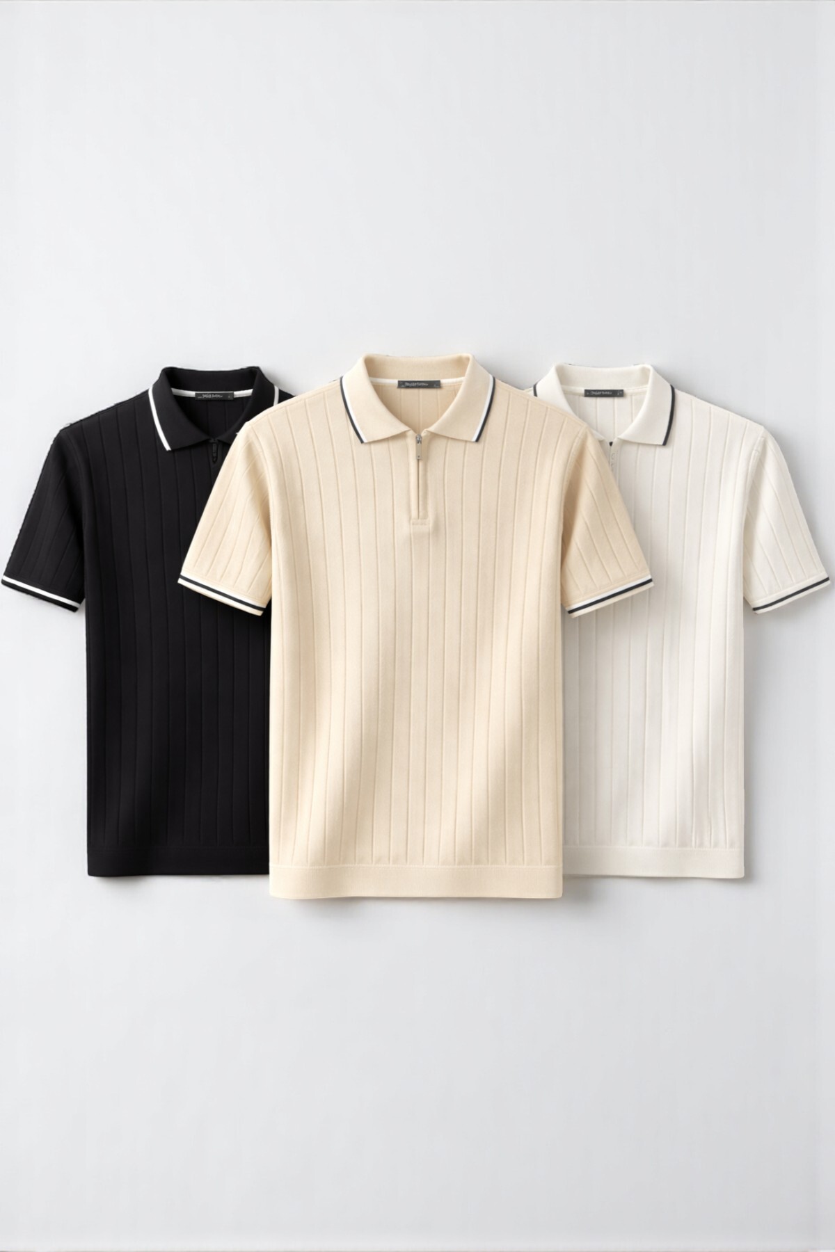 Erkek Fitilli Triko Polo Yaka Tişört 3’lü Set – Terletmeyen Pamuklu Yazlık Likralı