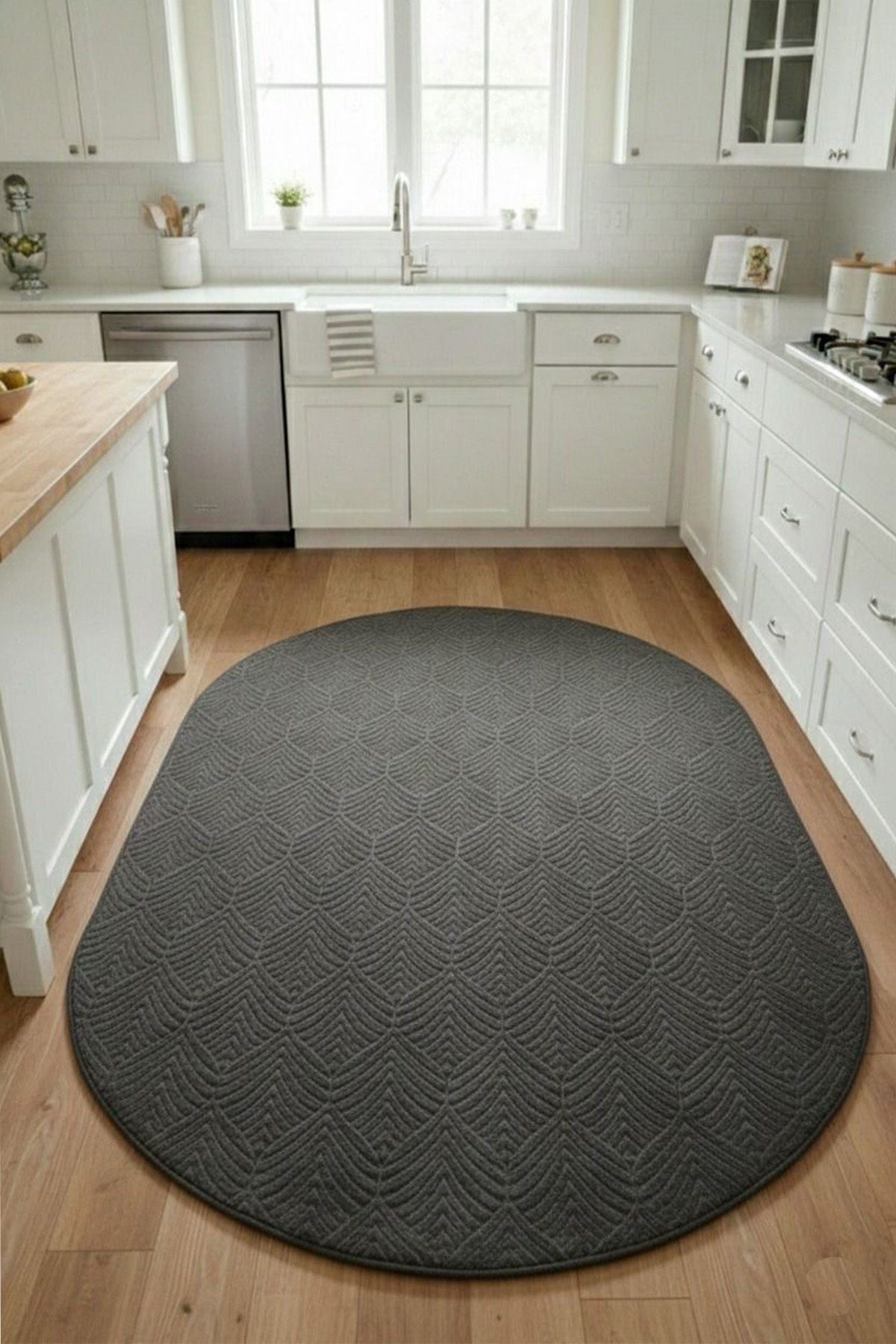 Washable Oval Ellipse Stain Resistant Leaf Emboss Dark Grey Kitchen Rug Custom Series Anti-Slip Floor Rug
