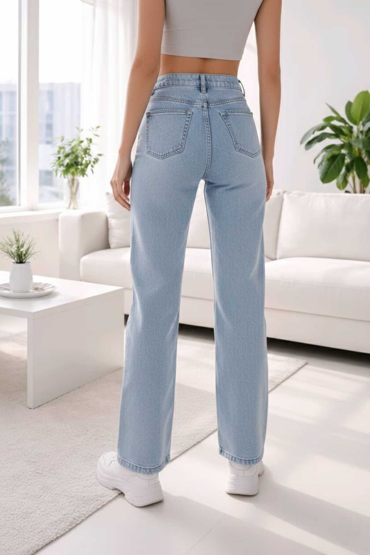 NWC  Açelya Kadın Açık Mavi Kar Yıkama Süper Yüksek Bel Likralı Salaş Paça Denim Palazzo Pantolon - Görsel 6