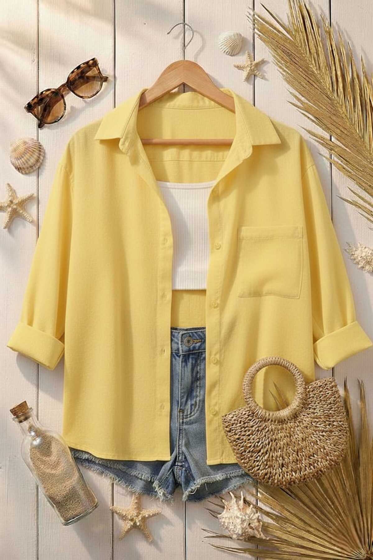 Modabenna Κίτρινο Oversize Βαμβακερό λινό πουκάμισο με τσέπες Loose off Shoul...