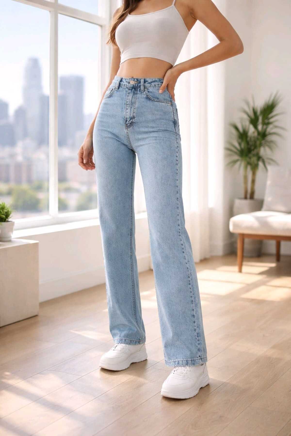 NWC  Açelya Kadın Açık Mavi Kar Yıkama Süper Yüksek Bel Likralı Salaş Paça Denim Palazzo Pantolon - Görsel 8