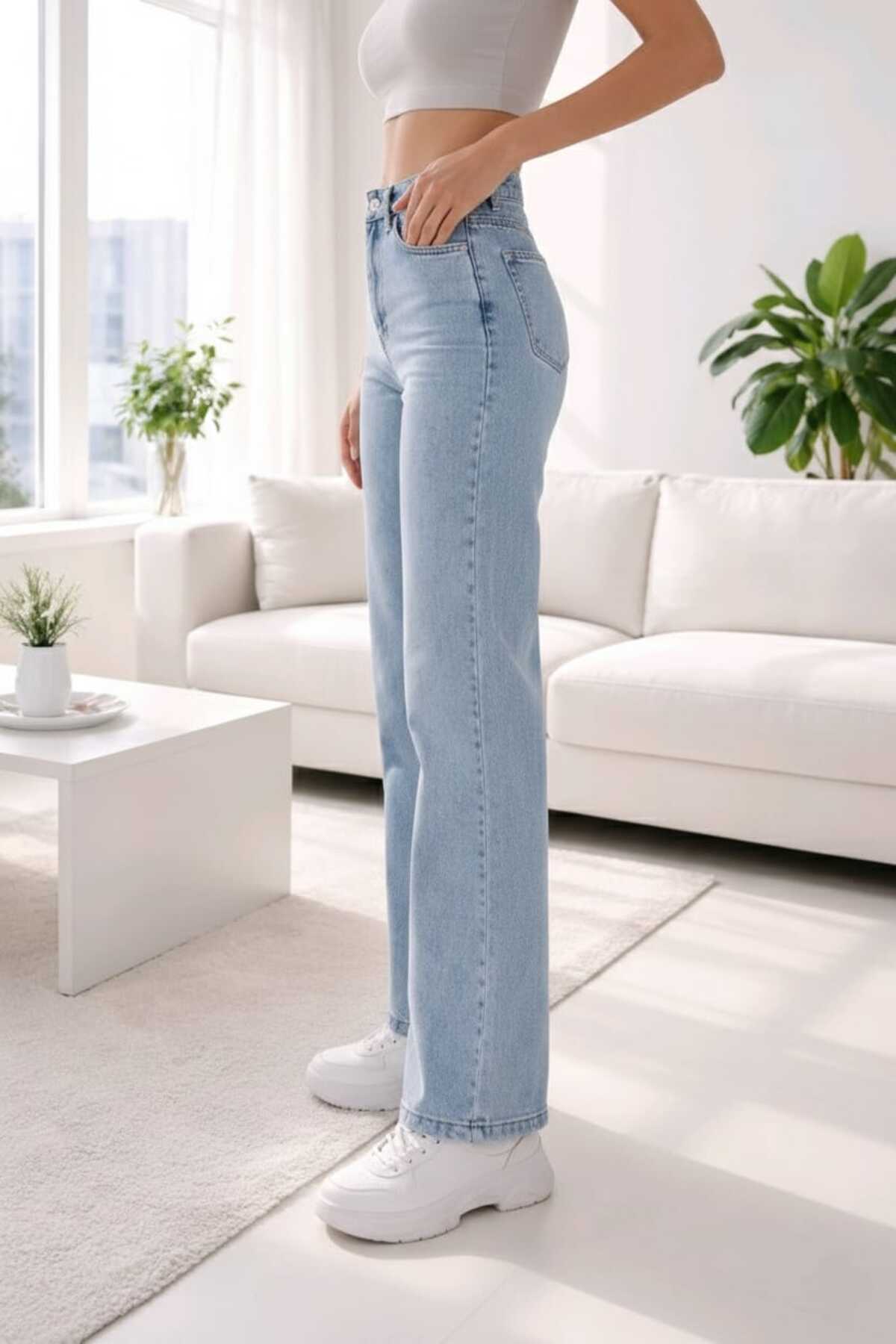 NWC  Açelya Kadın Açık Mavi Kar Yıkama Süper Yüksek Bel Likralı Salaş Paça Denim Palazzo Pantolon - Görsel 4