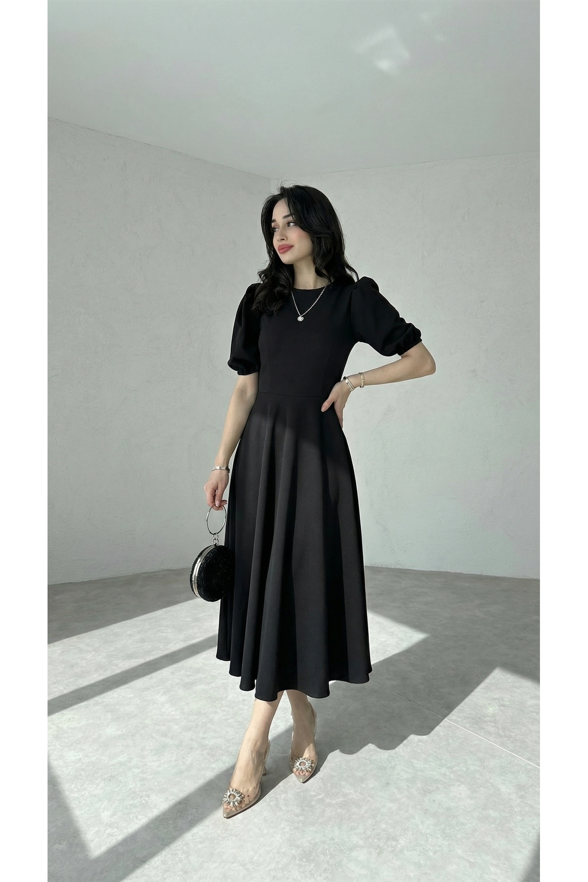 Afiş Butik  Siyah Karpuz Kollu Midi Boy Elbise - Görsel 2