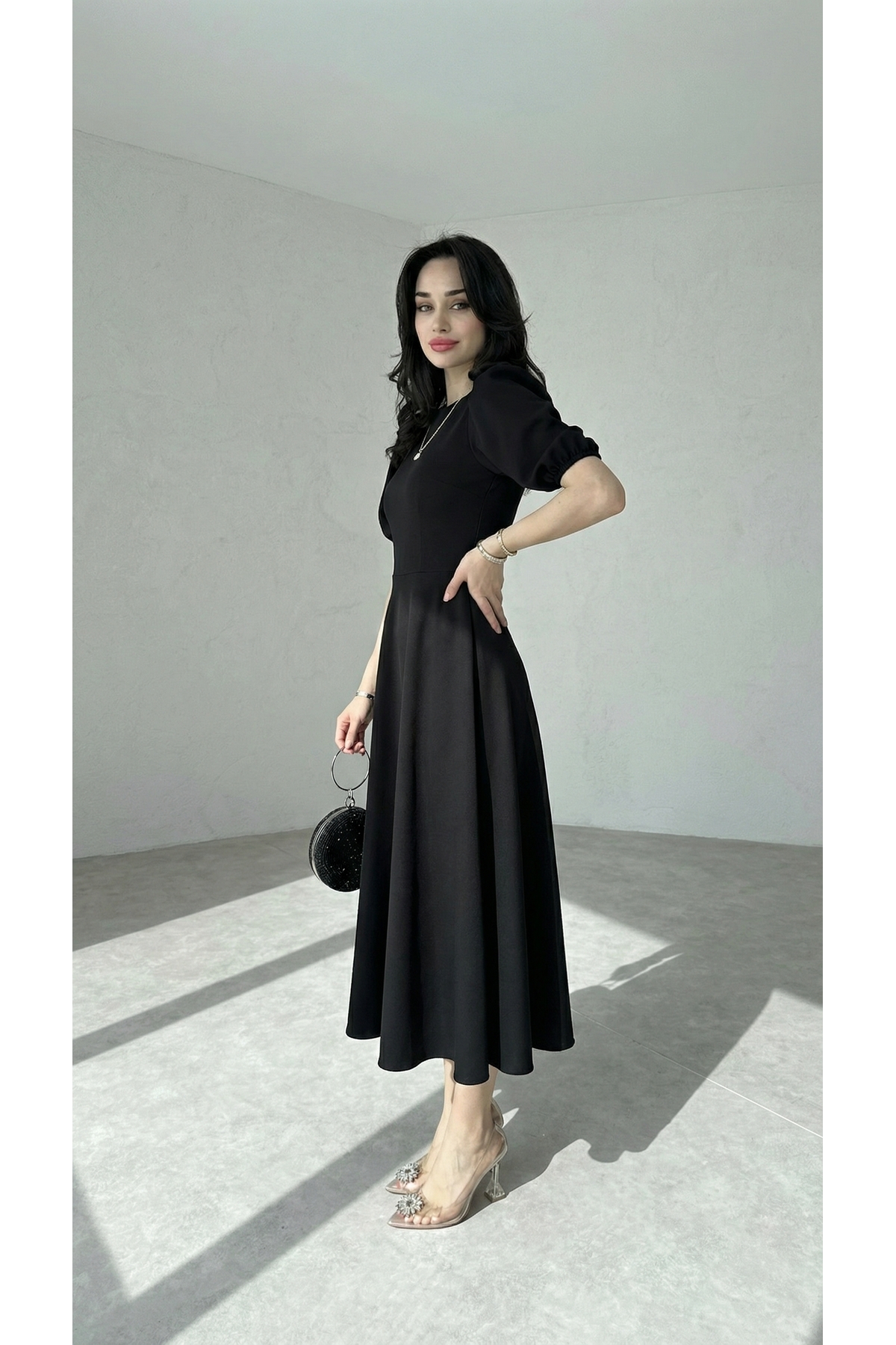 Afiş Butik  Siyah Karpuz Kollu Midi Boy Elbise - Görsel 6
