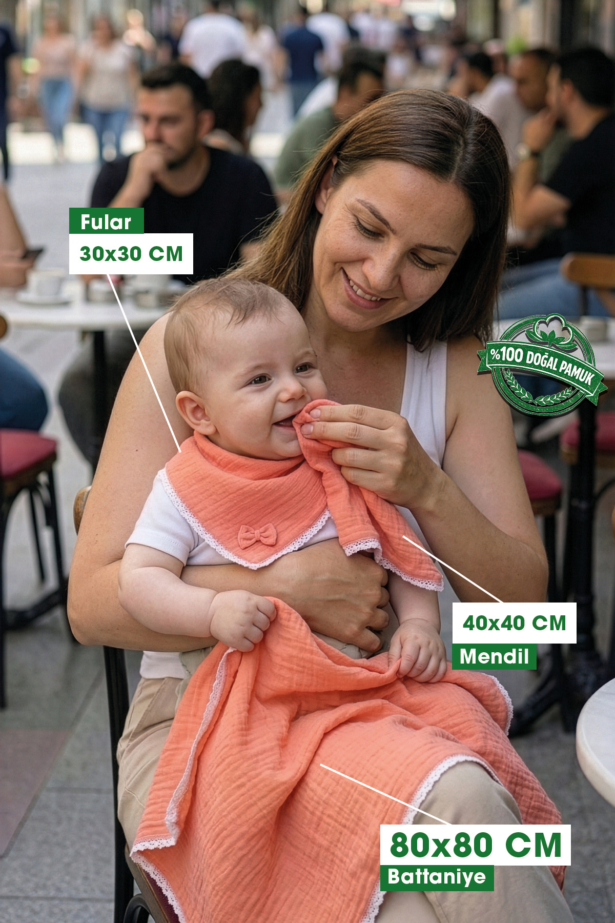 Yada Baby %100 Organik Pamuktan 4 Parça Bürümcük Emzirme Seti, (BATTANİYE, EMZİRME ÖNLÜĞÜ, MENDİL, FULAR) fotoğrafı 2 (önizleme)