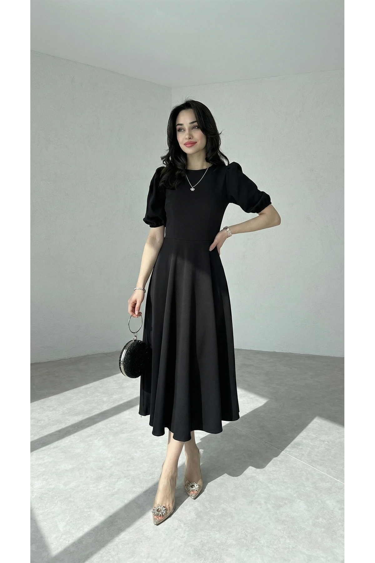 Afiş Butik  Siyah Karpuz Kollu Midi Boy Elbise - Görsel 4