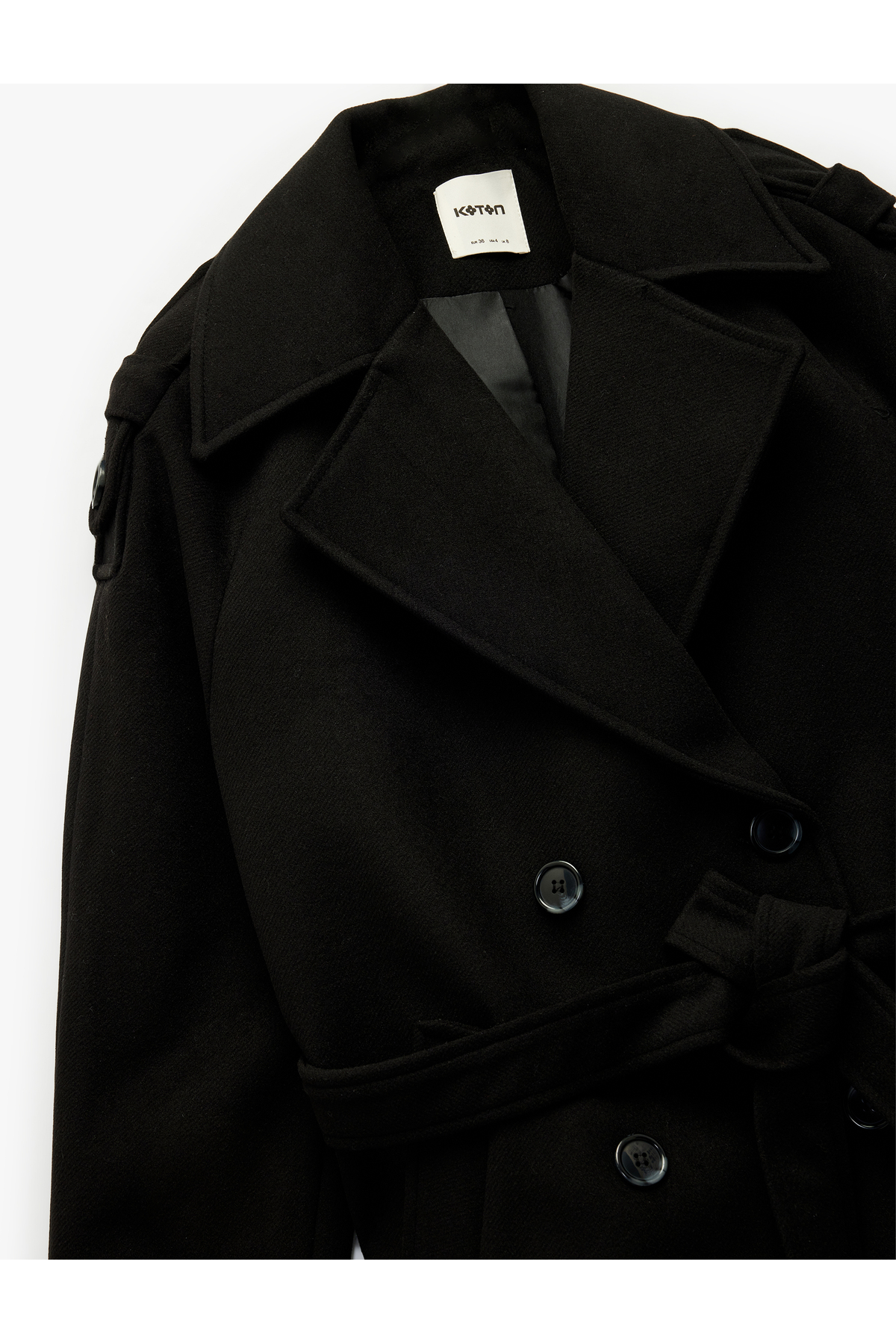 Koton  Uzun Kollu Cepli Kruvaze Düğmeli Kemerli Kaşe Kaban - Görsel 4