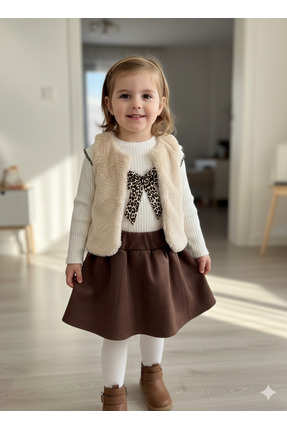 WOW Leopar Fiyonklu Suni Kürk Yelekli Üçlü Etekli Bayramlık Kız Bebek Takım