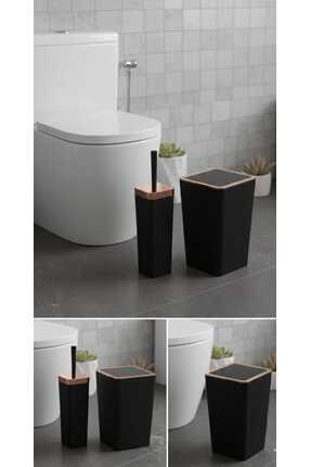 sitil eviniz Siyah - Altın Kare WC Kağıtlığı Tuvalet Fırçalığı Çöp Kovası Set...