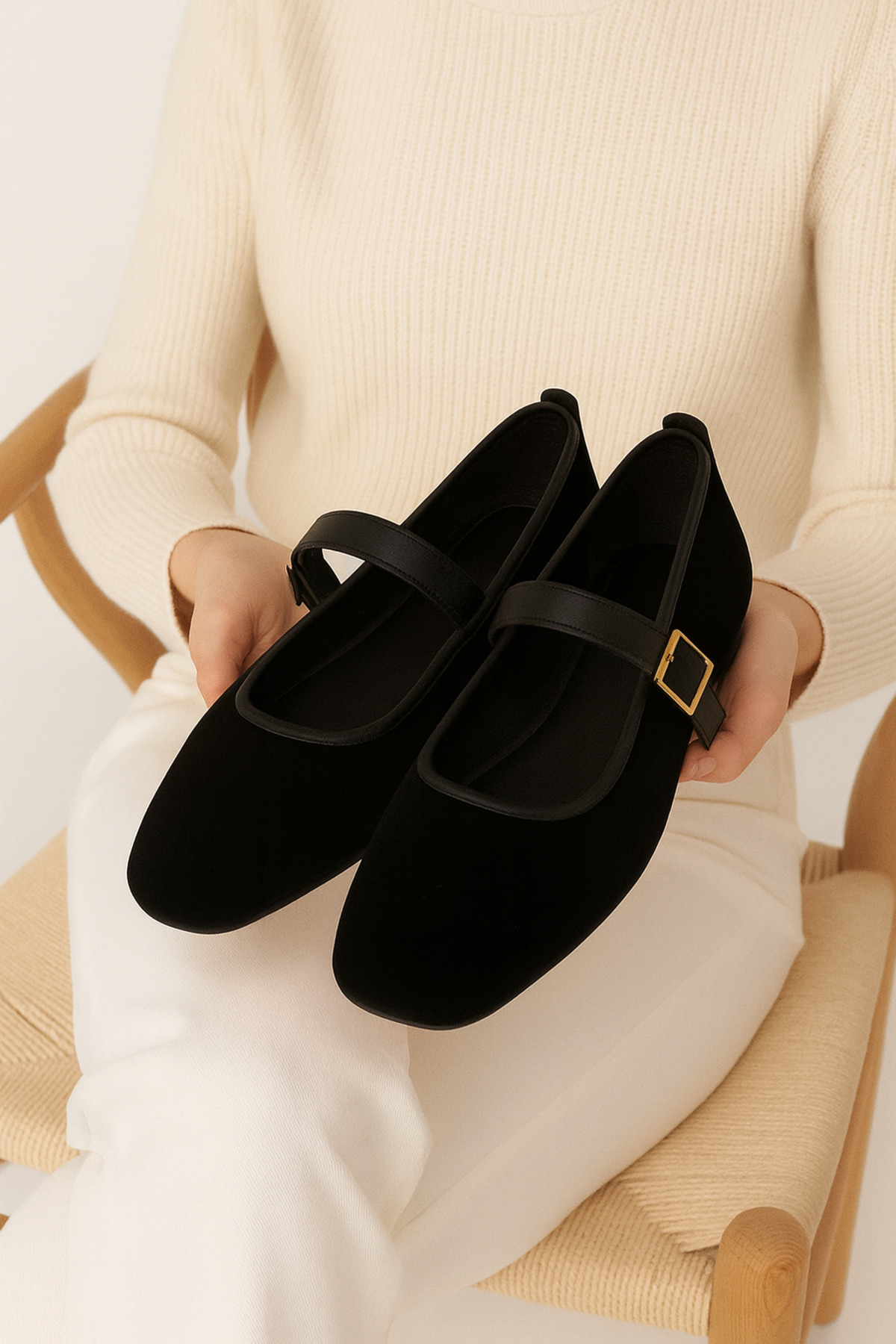 Beyond Women's Black Buckle Velvet 1cm Mary Jane Ballerinas Byndshr04