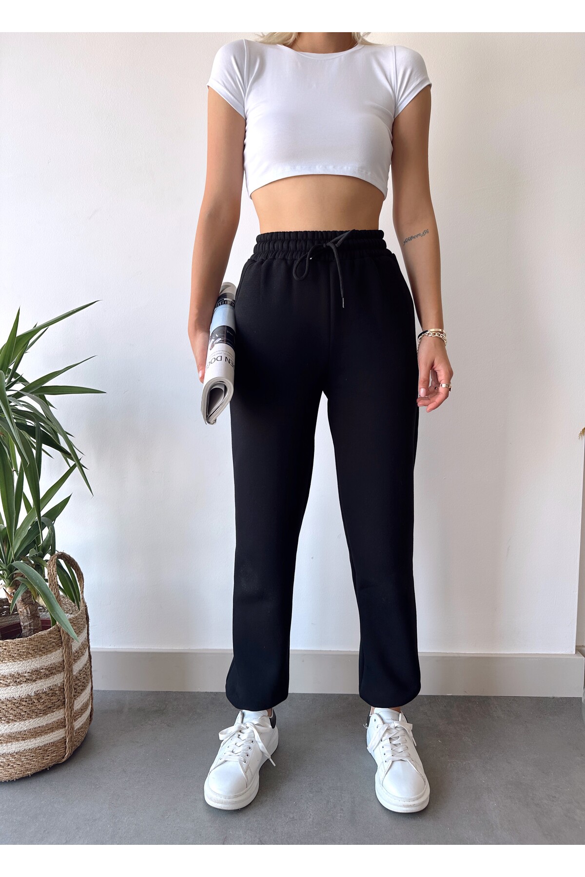 schlank Kadın Siyah Yüksek Bel Paçası Lastikli İçi Polarlı Basic Jogger Eşofman - Eşofman Altı görsel 6